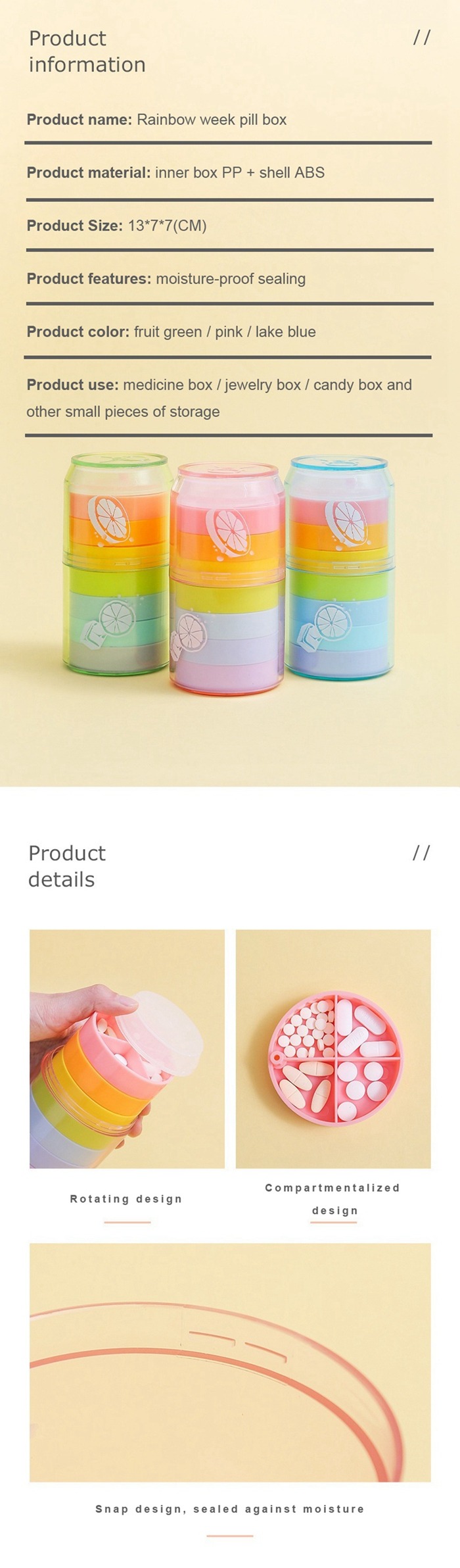 product info of rainbow weekly pill box