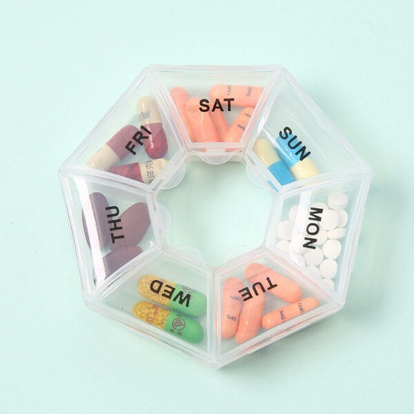 BS0309J-Fashion Portable Plastic Transparent Round 7-Day Pill Box 7 Compartments Pill Storage Case