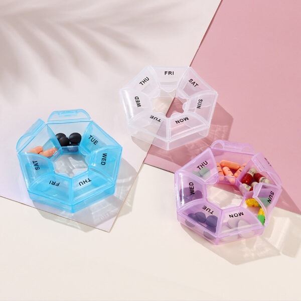 BS0309J-Fashion Portable Plastic Transparent Round 7-Day Pill Box 7 Compartments Pill Storage Case - Image 2