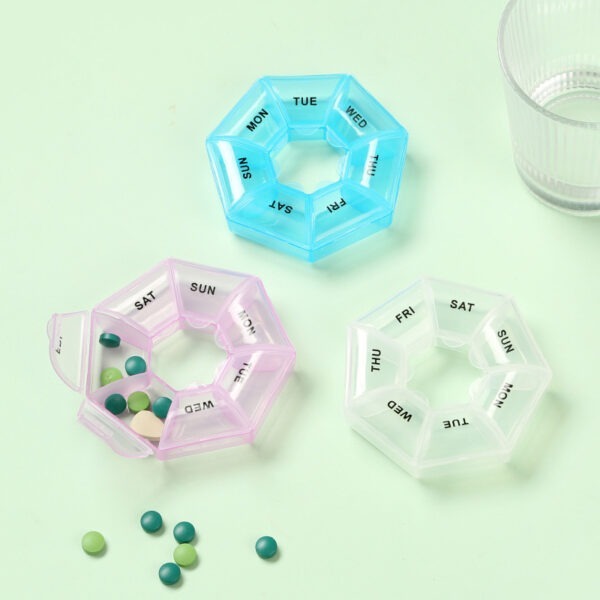 BS0309J-Fashion Portable Plastic Transparent Round 7-Day Pill Box 7 Compartments Pill Storage Case - Image 5