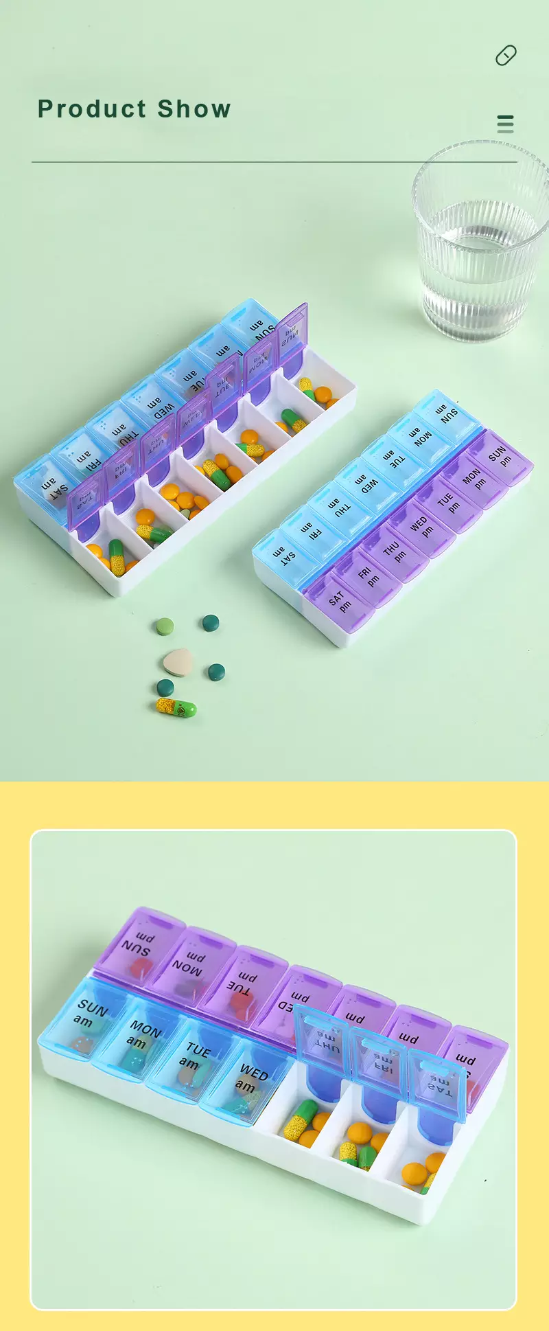 product display of weekly pill box am pm