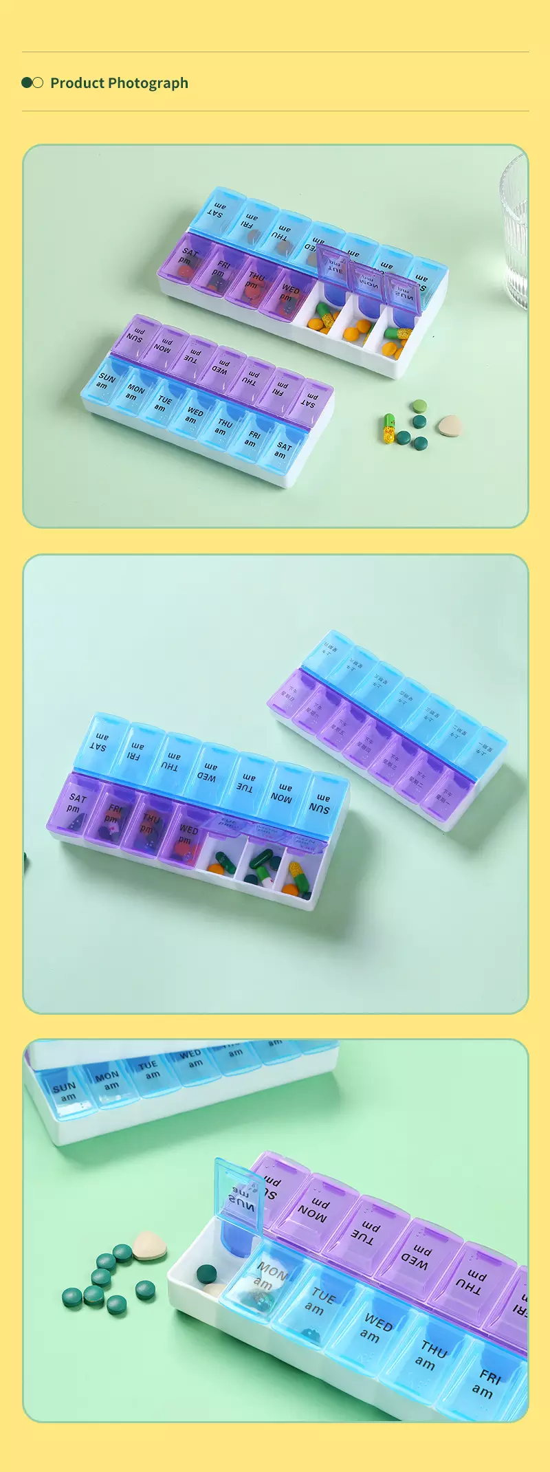 product photos of weekly pill box am pm