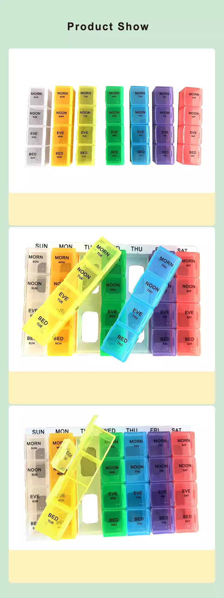 product display of weekly pill box with abs base