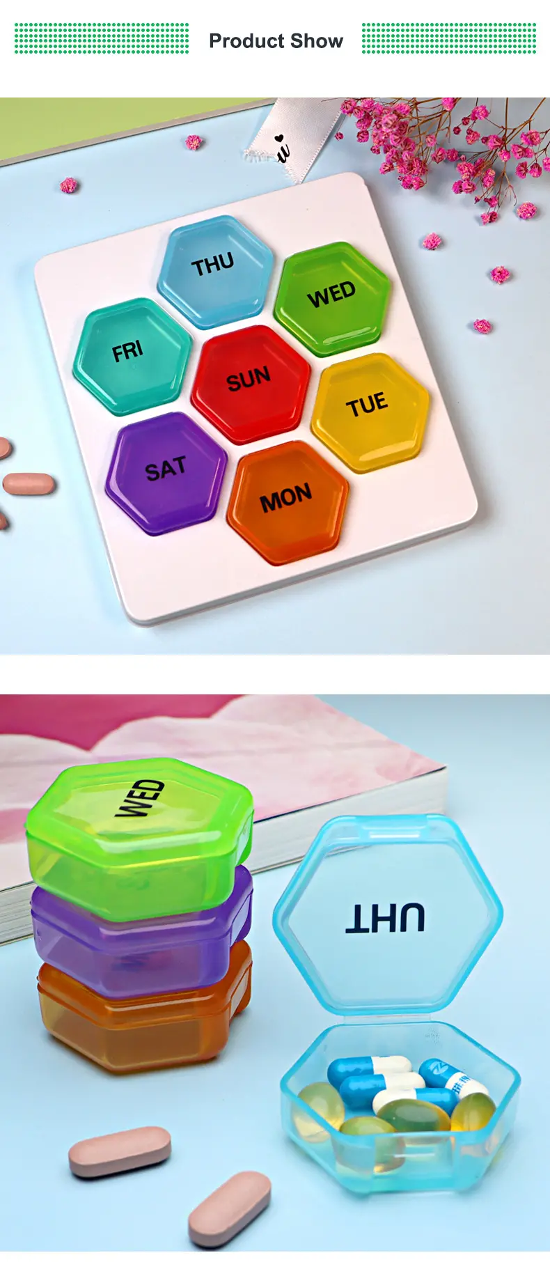 Custom Logo Rainbow 7 Days Pill Storage Case Weekly Medicine Container Health Care Pill Box (6)