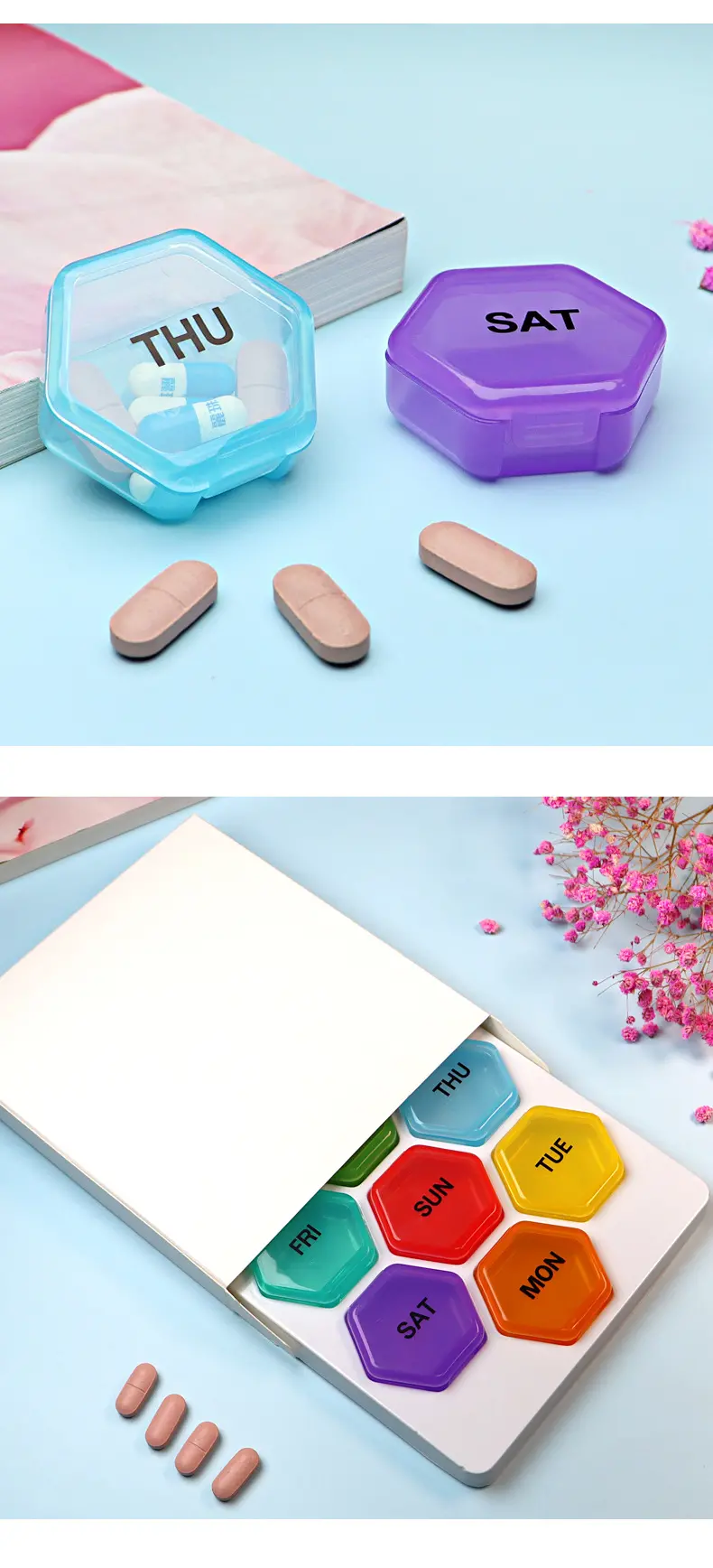 Custom Logo Rainbow 7 Days Pill Storage Case Weekly Medicine Container Health Care Pill Box (7)