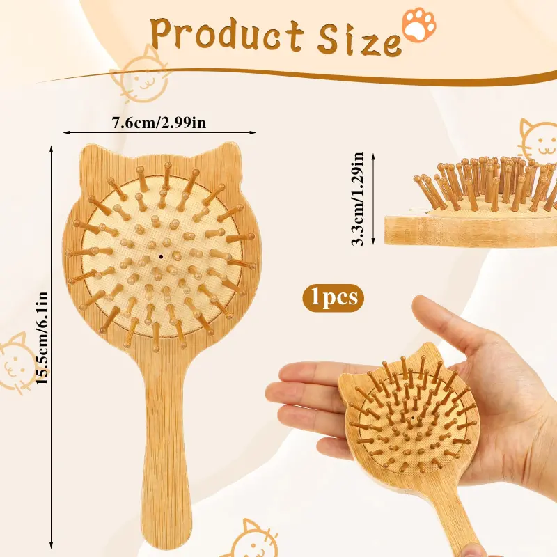Bamboo Paddle Hair Brush Small Cat Face (1)