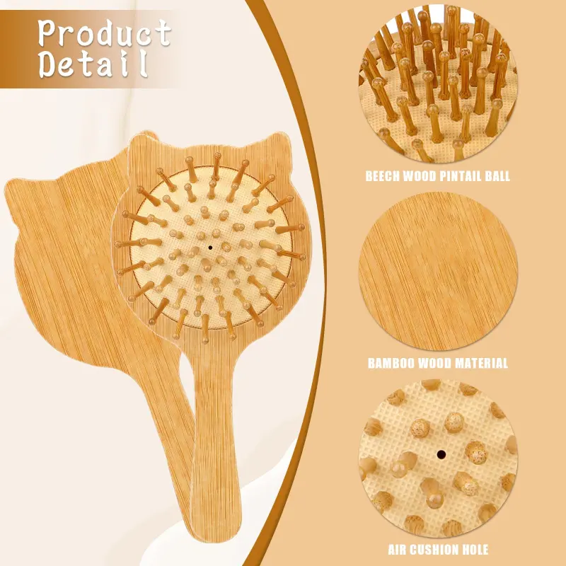 Bamboo Paddle Hair Brush Small Cat Face (2)