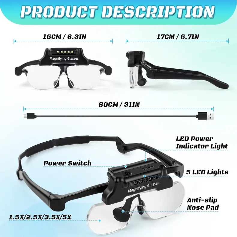 LED Head Mount Magnifier Glasses with 5 Detachable Lenses (1)