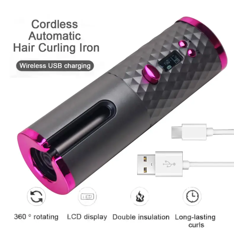 Cordless Hair Curler Rechargeable Rotating Curling Iron with Ceramic (4)
